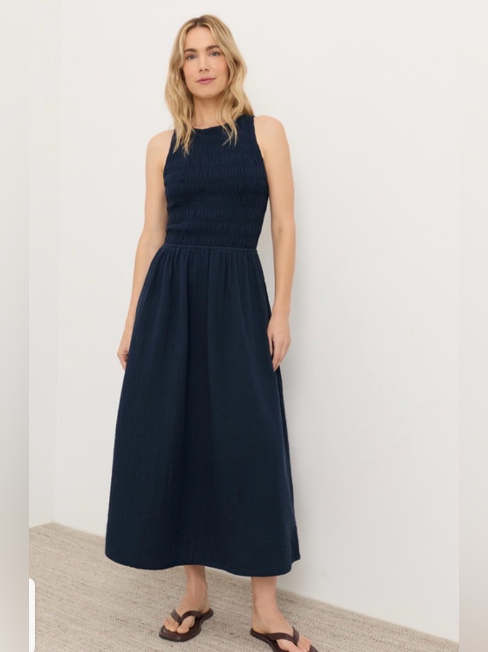 Pact Coastal Double Gauze Smocked Maxi Dress Blue EUC Sz M
